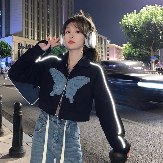 Áo khoác ZHELIHANGFEI dài tay eo cao thêu hình bướm thời trang quyến rũ cao cấp