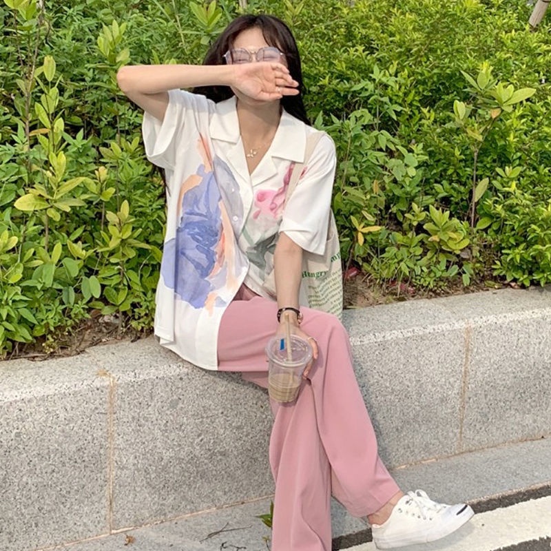 Áo Sơ Mi Tay Ngắn Dáng Rộng In Họa Tiết Thắt Cà Vạt Phong Cách Hàn Quốc Thời Trang Mùa Hè Mới Cho Nữ