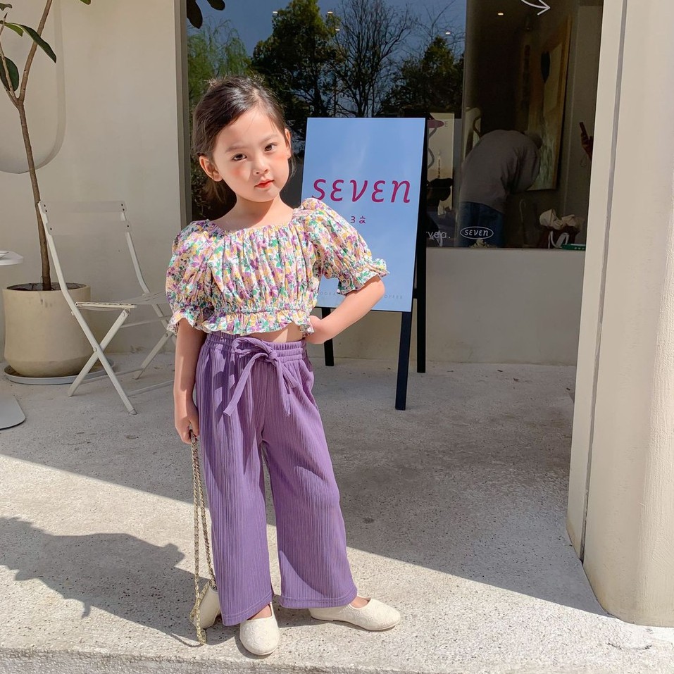 Set áo croptop quần xuông tím cho bé sz 90-140