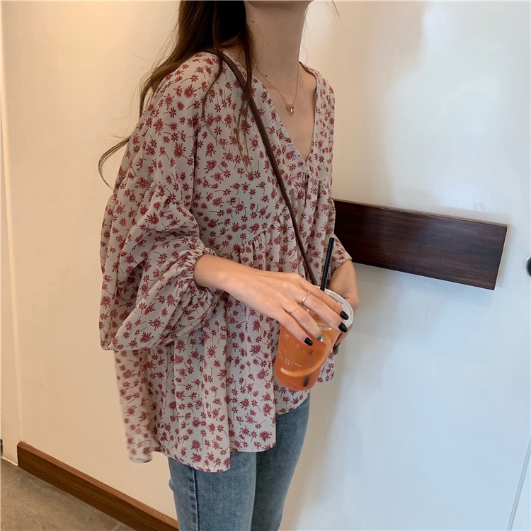 SUXI Áo sơ mi tay dài cổ chữ V hoạ tiết hoa phong cách Hàn Quốc