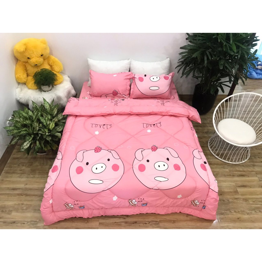 Bộ chăn phao ga gối poly cotton MẪU - lợn hồng