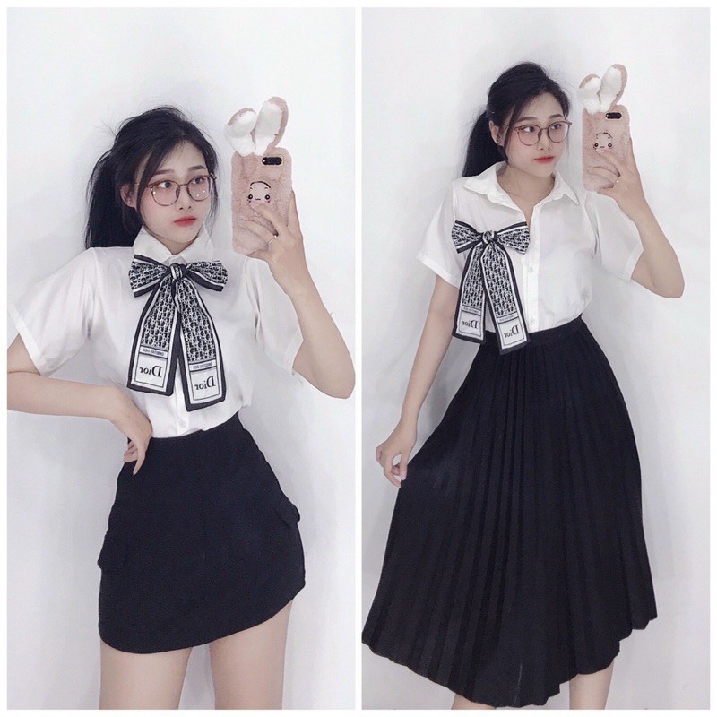 🌙 Suteki Openning: Áo kiểu voan kate cổ nơ sơ mi ngắn tay | BigBuy360 - bigbuy360.vn