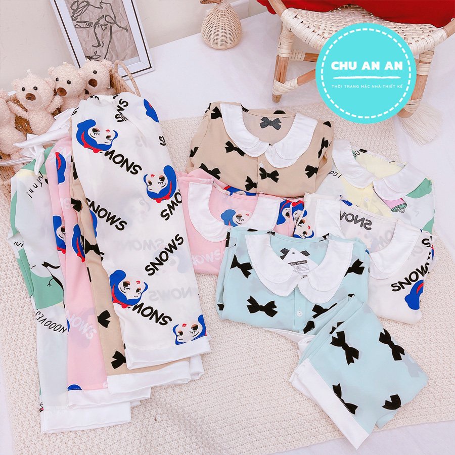 [ 16-41 KG ] Bộ Mặc Nhà Pijama Lụa Size Đại Cao Cấp Cho Bé Gái - Pijama Lụa Đại Cổ Sen Phối Nơ Cho Bé Yêu