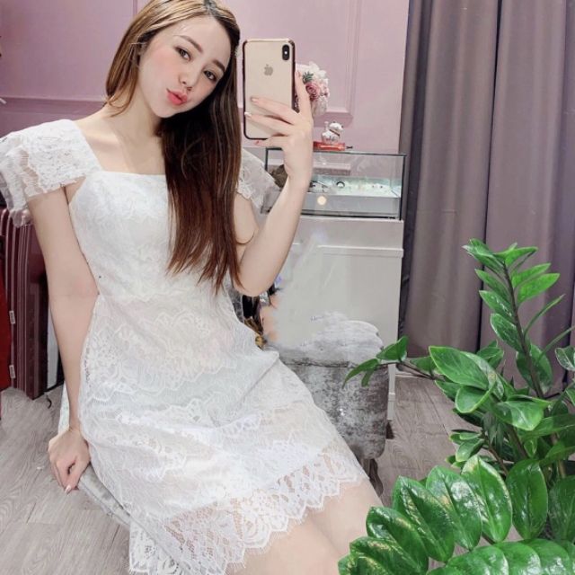 Đầm ren cổ vuông lá bèo (có ảnh thật)