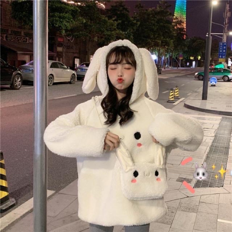 Áo lông cừu tai thỏ kèm túi đeo chéo 🌸Áo hoodie lông dài tay phong cách ulzzang