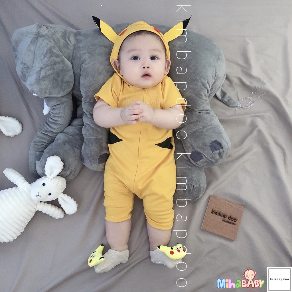 Bộ Bodysuit Đùi Liền Nón Dây Kéo Cao Cấp Hình Pika Cho Bé