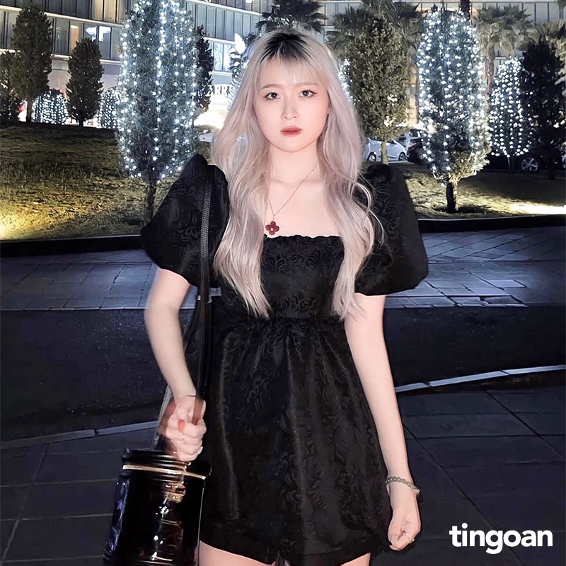 TINGOAN® - Áo babydoll vải gấm cổ vuông buộc nơ lưng đen I’M BLUSHING TOP/BL