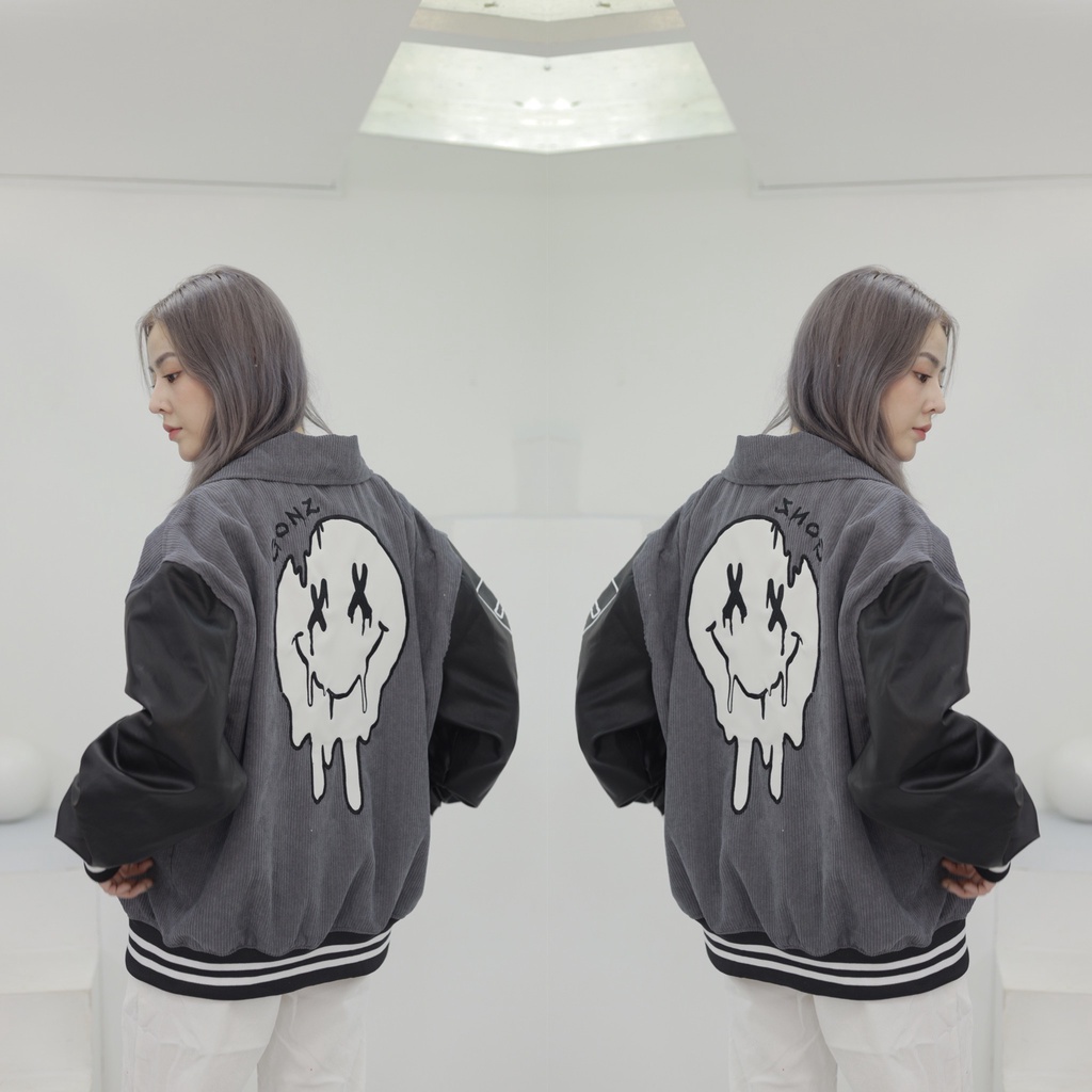 Áo Khoác Nhung Tăm Form Rộng Phối Tay Da Leather Seeve Jacket Varsity V16 - Màu Xám