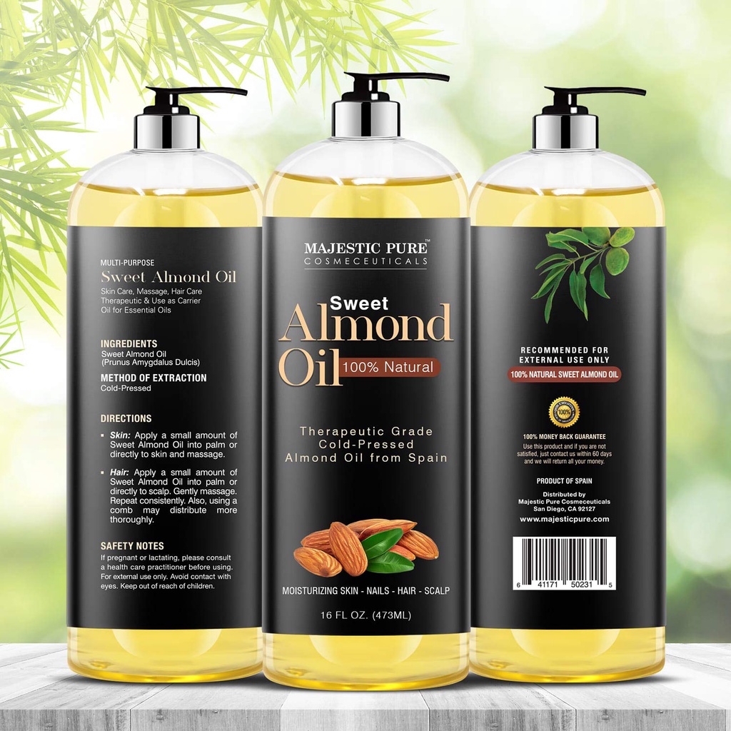 Tinh dầu massage xoa bóp Majestic Pure Almond Oil chai 473ml [Hàng Mỹ]