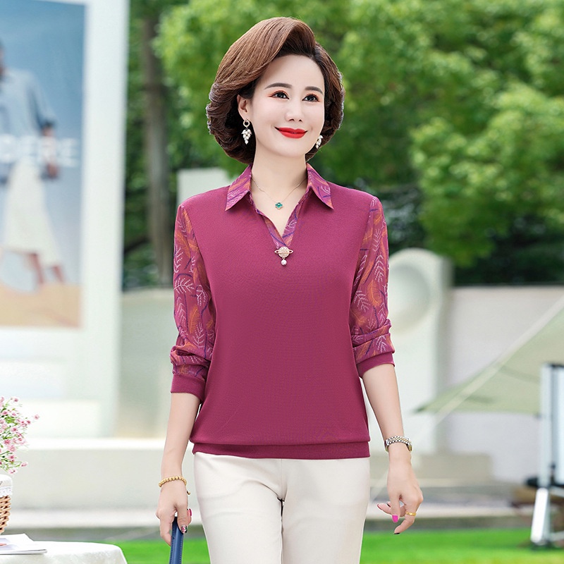 A133 - Áo dài tay nữ U50 U60, áo thu đông co giãn tuổi trung niên