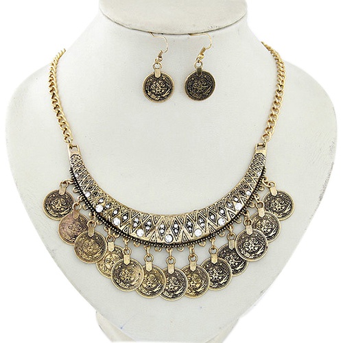 Bộ dây chuyền và khuyên tai bằng hợp kim thiết kế hình đồng tiền cá tính dành cho nữ