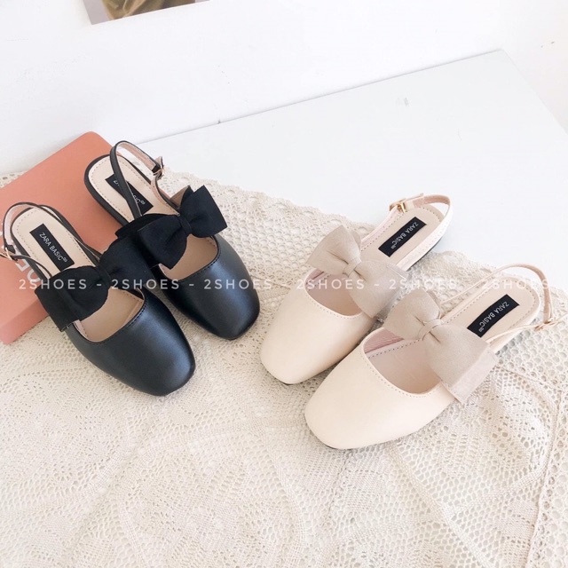 Sandal nơ bóng hở gót 2 màu kem và đen siêu đẹp