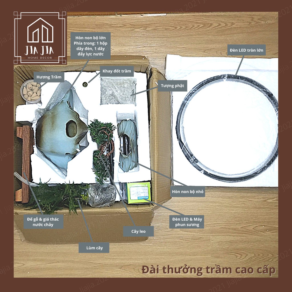 Tiểu cảnh thác nước cao cấp, đài thưởng trầm tài lộc phong thủy - Đài phun nước có đèn LED trang trí