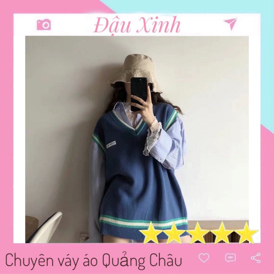 Áo len gile nữ dáng dài form rộng gile Vintage Ulzzang màu xanh, màu tím - 001 ...