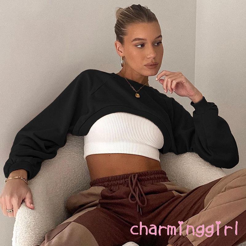 Áo croptop tay dài cổ tròn màu sắc thời trang cho nữ