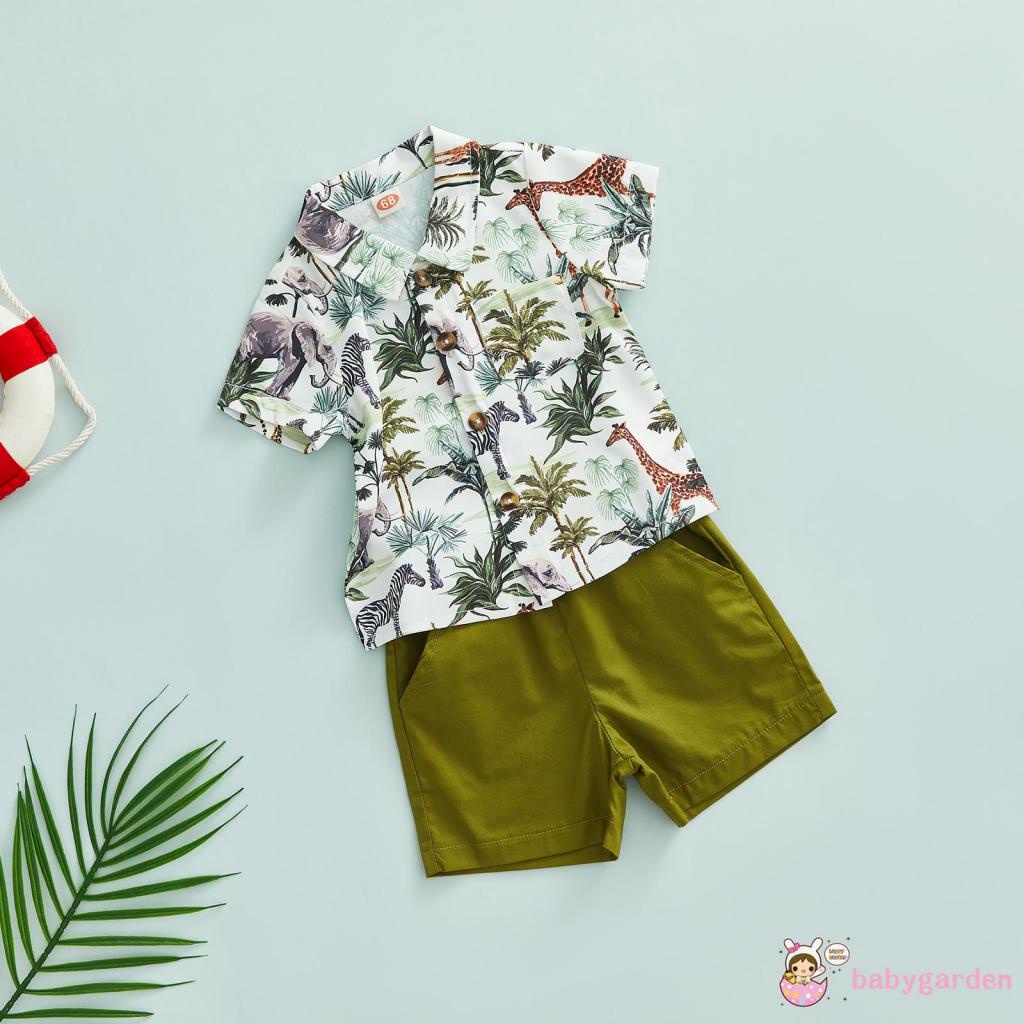Bộ Áo Sơ Mi Ngắn Tay Cài Khuy + Quần Short Màu Trơn In Hình Cây Và Động Vật Dễ Thương Cho Bé Trai 3-24 Tháng Tuổi