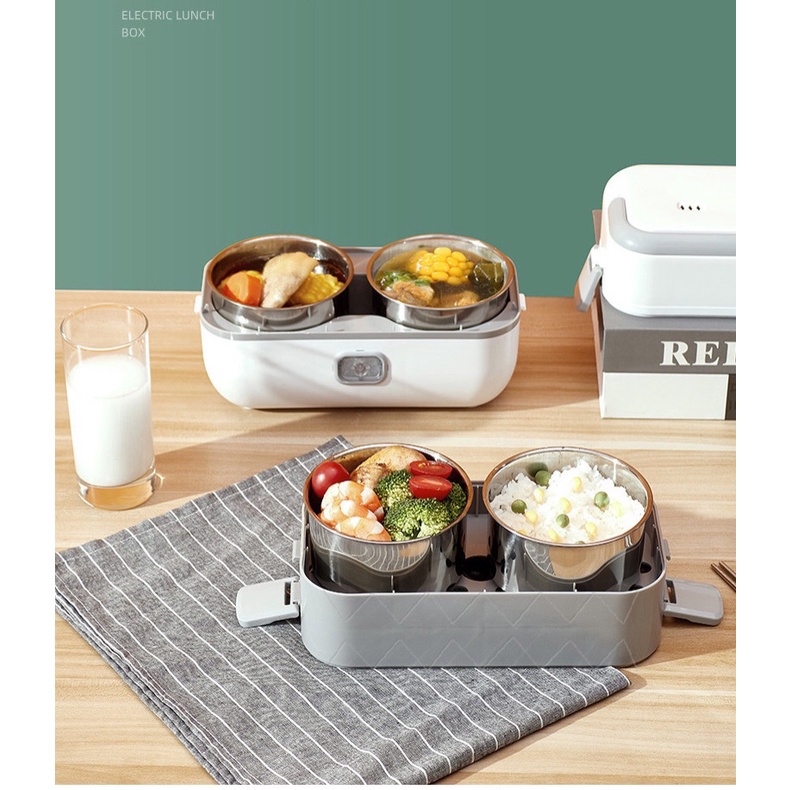 Hộp cơm điện hai tầng bốn bát inox, tự nấu chín, hâm nóng đồ ăn tiện lợi