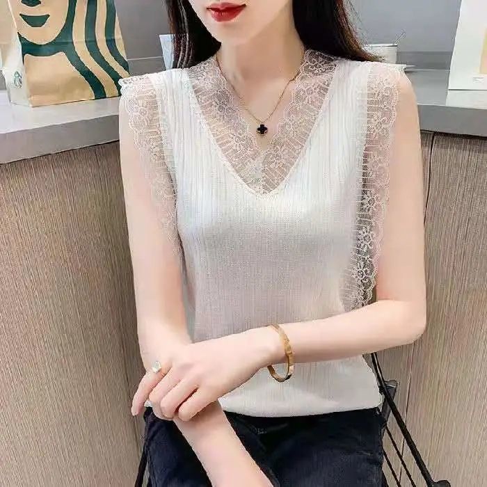 Áo Dệt Kim Không Tay Dáng Rộng Cổ Chữ V Phối Ren Thời Trang Mùa Hè Dành Cho Nữ