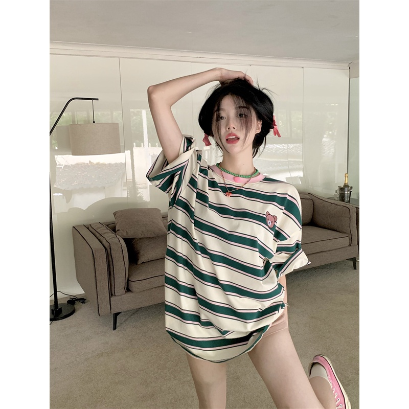 Áo Thun Cotton Cổ Tròn Dáng Rộng Thêu Hình Chú Gấu Thời Trang Hàn Quốc Dành Cho Nữ