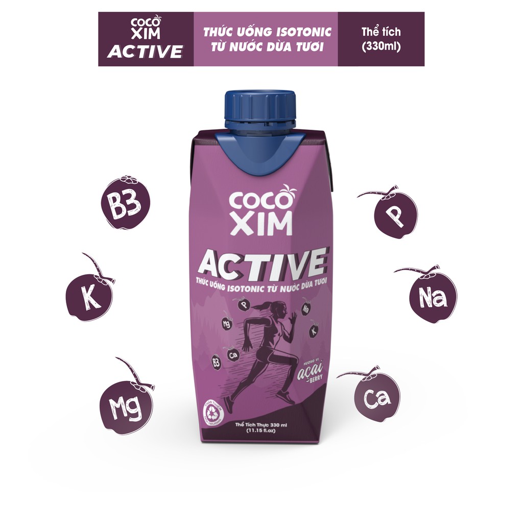 Cocoxim Active - Thức uống Isotonic từ nước dừa tươi vị Acai Berry dung tích 330ml/Hộp