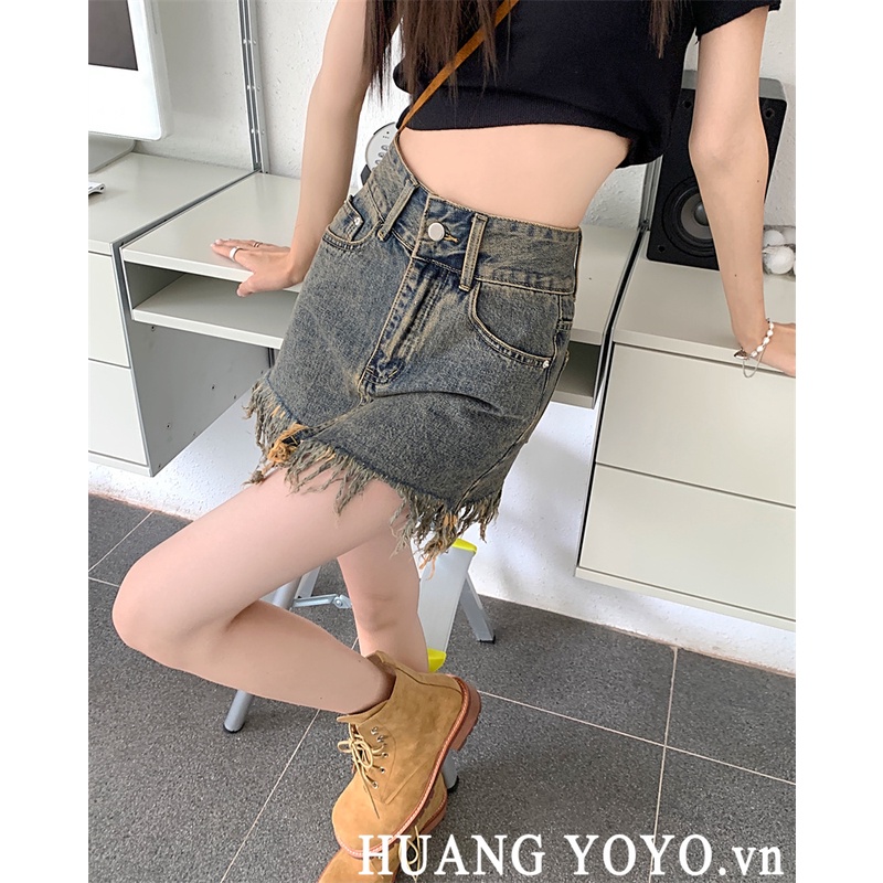 Chân váy jean Chữ A Lưng Cao Phong Cách retro Thời Trang Hàn Quốc Cho Nữ