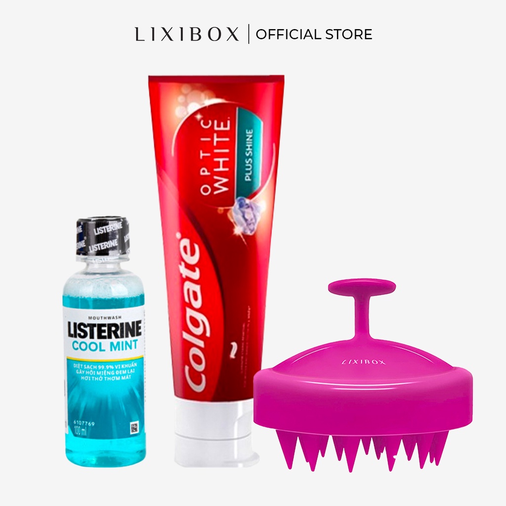 [HB Gift] Combo Lược gội đầu giảm rụng tóc Lixibox, Kem Đánh Răng Colgate Optic White Plus, Nước súc miệng Listerine