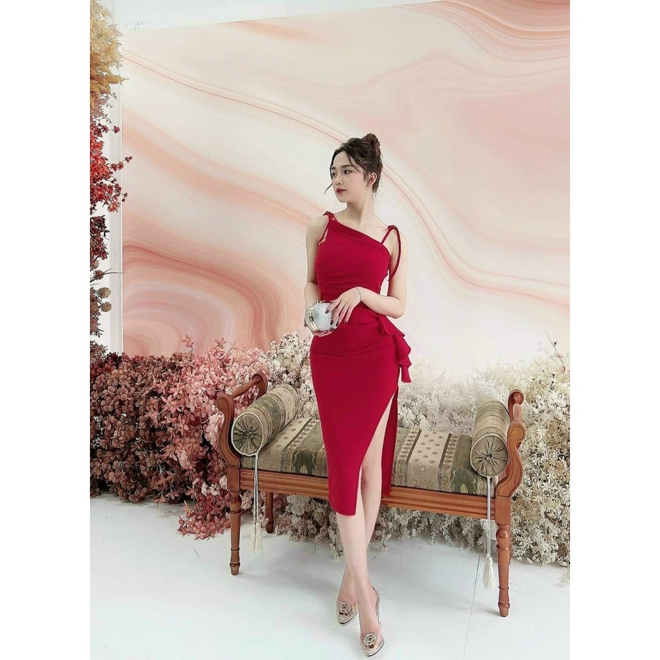Đầm váy ôm body 2 dây bèo bông xẻ đùi nữ tính mẫu có mút ngực thời trang nữ thiết kế phù hợp mọi phong cách