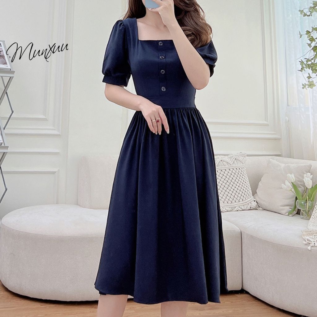 Đầm nữ thiết kế MUNXUU kiểu cổ vuông dáng xòe vải tơ mềm mát thời trang thanh lịch - V09