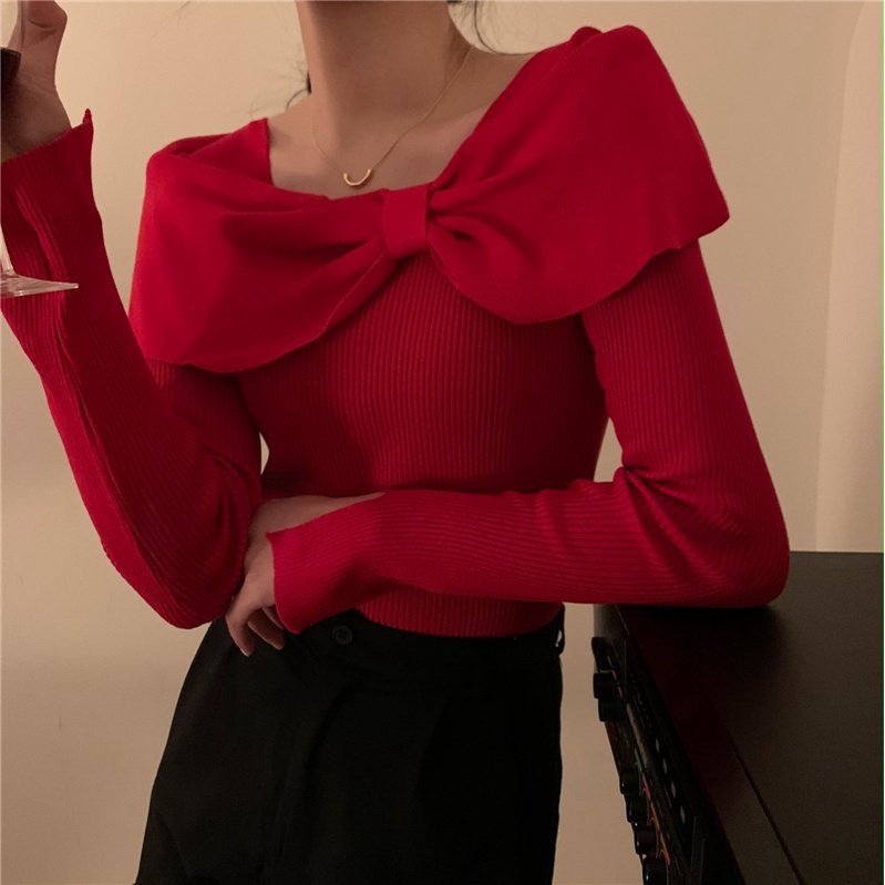 Áo sweater dệt kim dài tay dáng ôm đính nơ quyến rũ cho nữ
