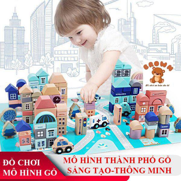 Bộ Đồ Chơi Gỗ Gỗ Tự Nhiên Mô Hình Thành Phố Thông Minh 108 Chi Tiết Cho Bé