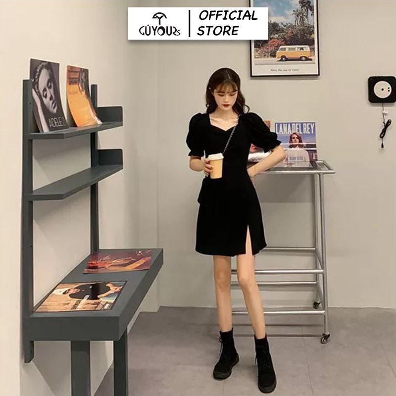 Váy xòe dự tiệc GUYOURs thiết kế cổ nhún váy xẻ tà vải tuyết mưa cao cấp màu đen GUV113 | BigBuy360 - bigbuy360.vn