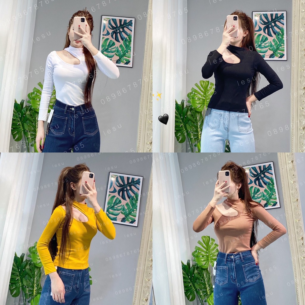 ẢNH THẬT Áo thun lửng trơn chéo cổ tay dài
