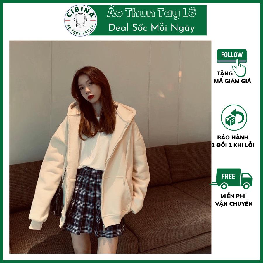 Áo khoác nỉ form rộng nữ màu trơn CIBINA, Áo khoác hoodie zip có dây kéo mũ dày dặn freesize UNISEX KNN400