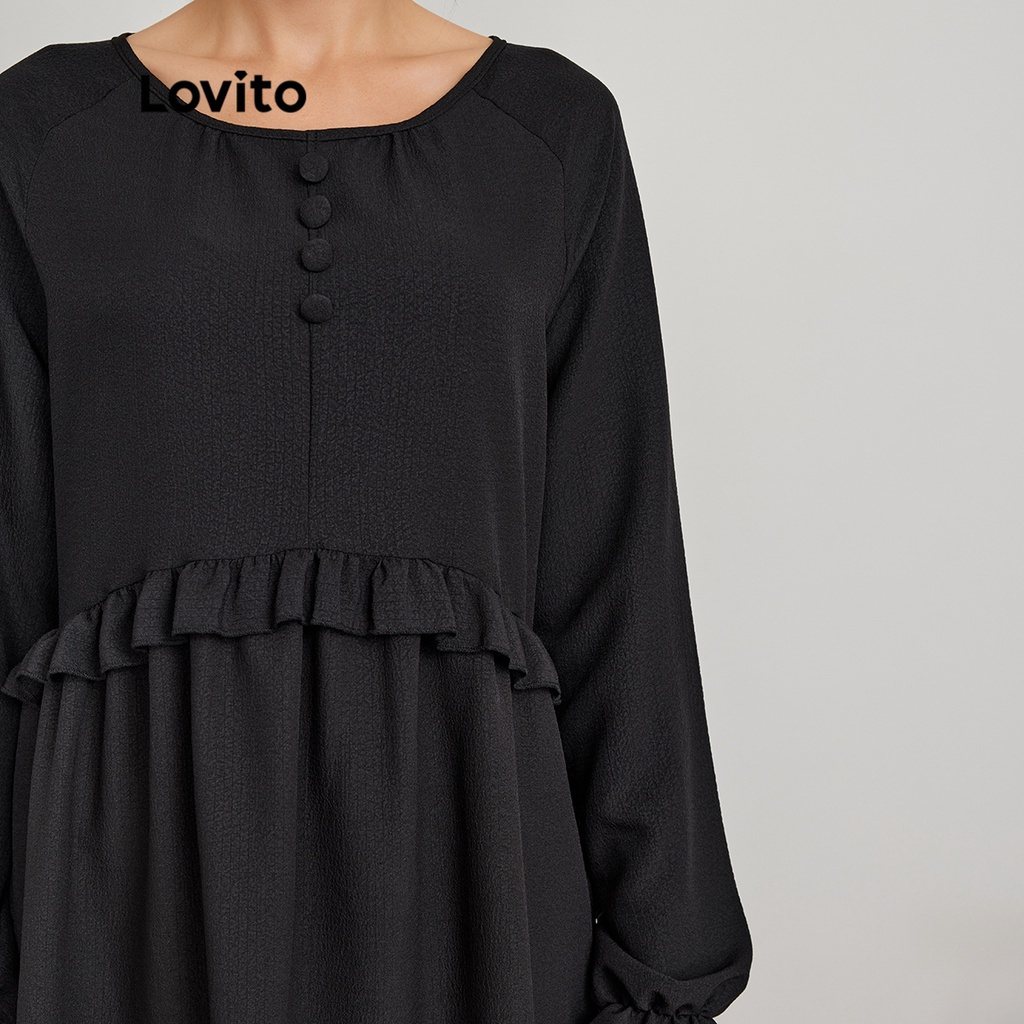 Lovito Đầm có nút xếp nếp trơn vừa phải L24ED132 (Đen)