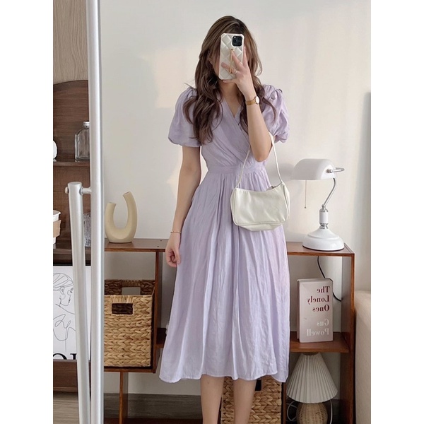 Váy đầm cổ v vạt chéo tay bồng dáng dài kèm dây buộc eo