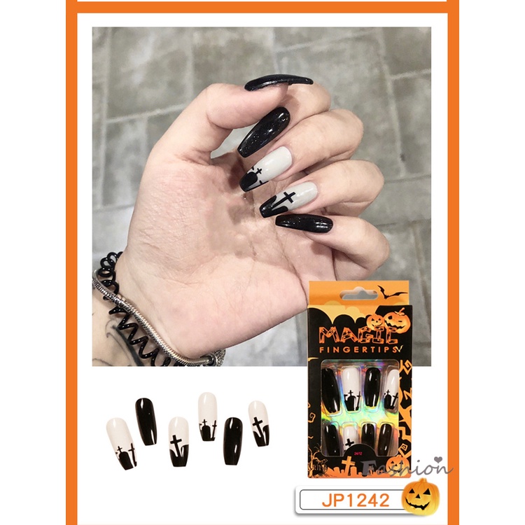 [Hàng mới về] Bộ móng giả dài dán keo in họa tiết Grimace phong cách Halloween sành điệu