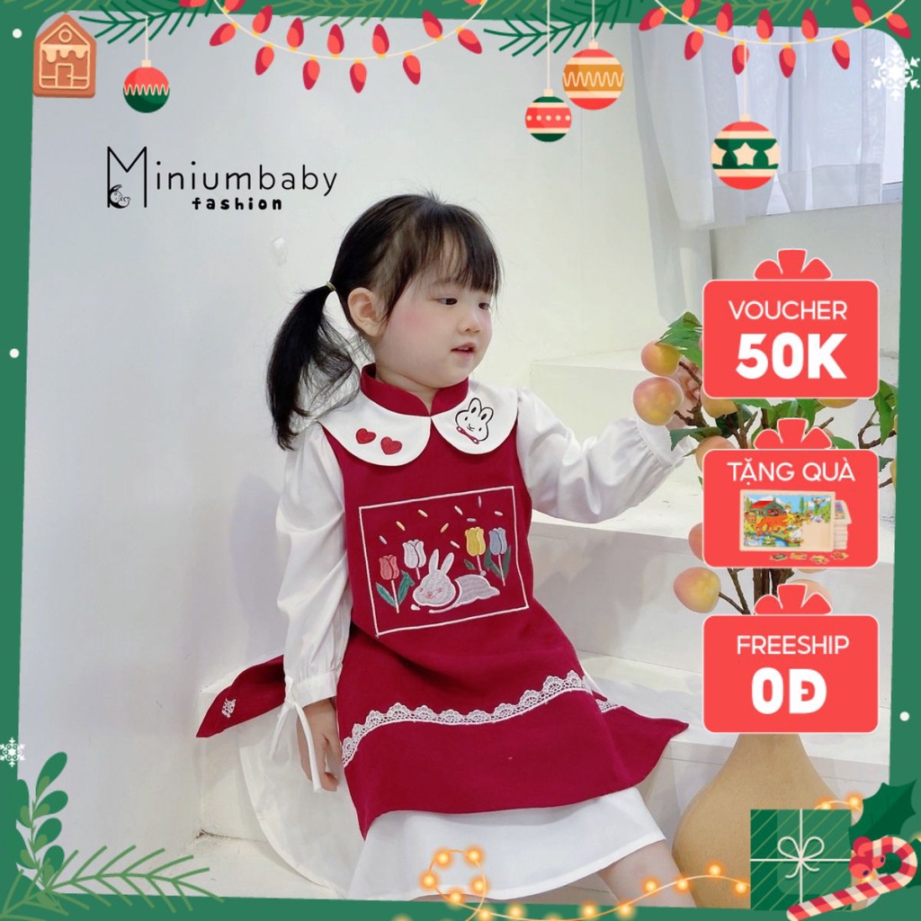 Áo dài Tết cách tân cổ tàu viền bèo thêu thỏ chất text nhung cho bé gái Magickids Váy bé gái hàng thiết kế mặc sự kiện