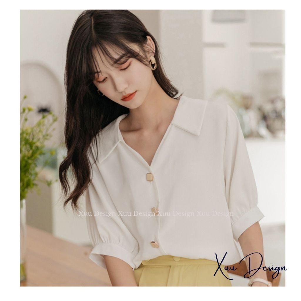 Áo sơ mi nữ kiểu cổ V Xuu Design, kiểu dáng basic trơn tay lỡ thời trang - SP44