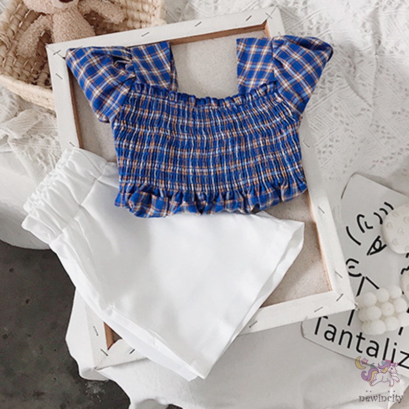 Set Đồ 2 Món Gồm Áo Tay Ngắn Kẻ Sọc Caro + Quần Ngắn Thời Trang Mùa Hè Hàn Quốc Cho Bé Gái