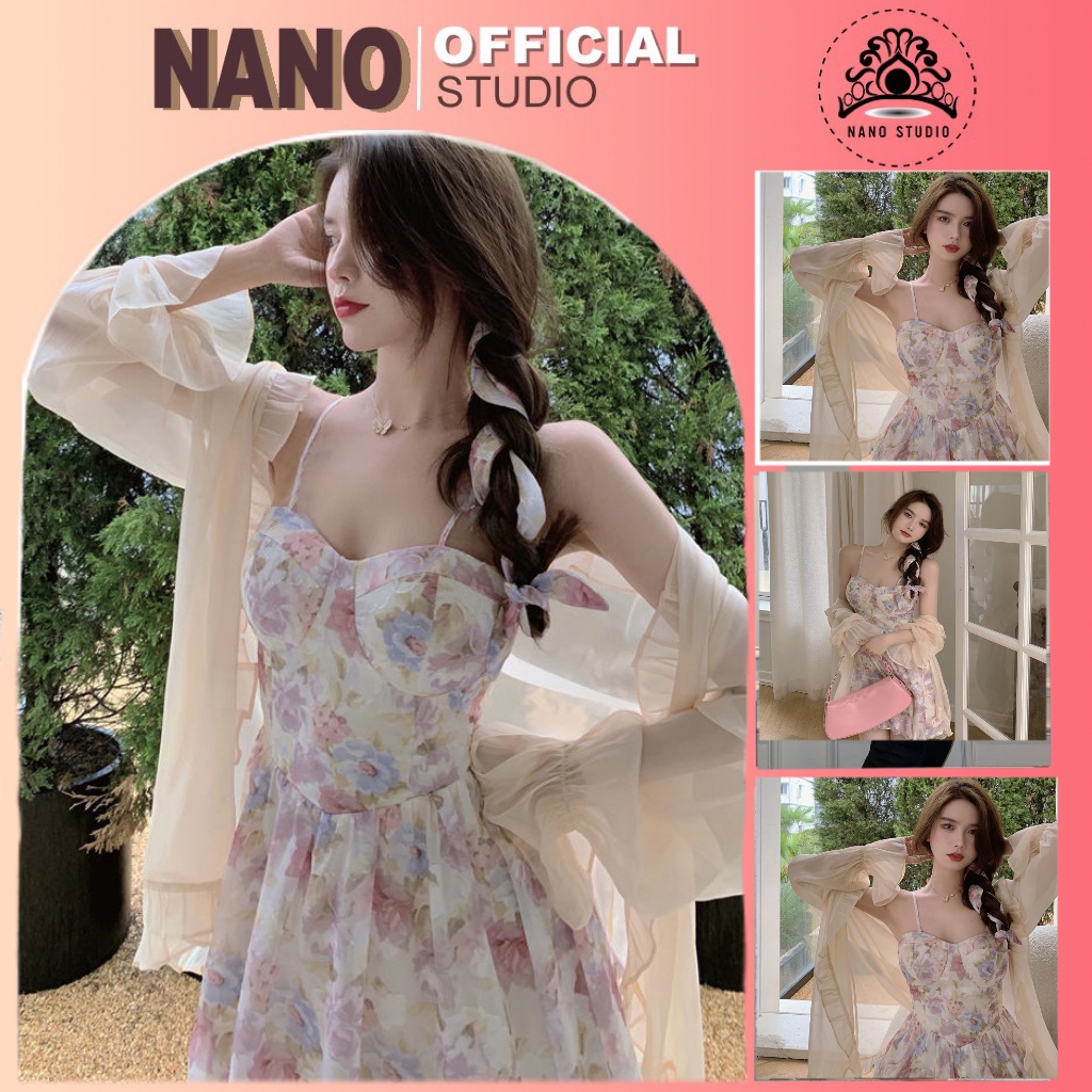 Váy Hoa Nhí Có Đệm Ngực Đan Dây Quyến Rũ 2 Dây Hàn Quốc