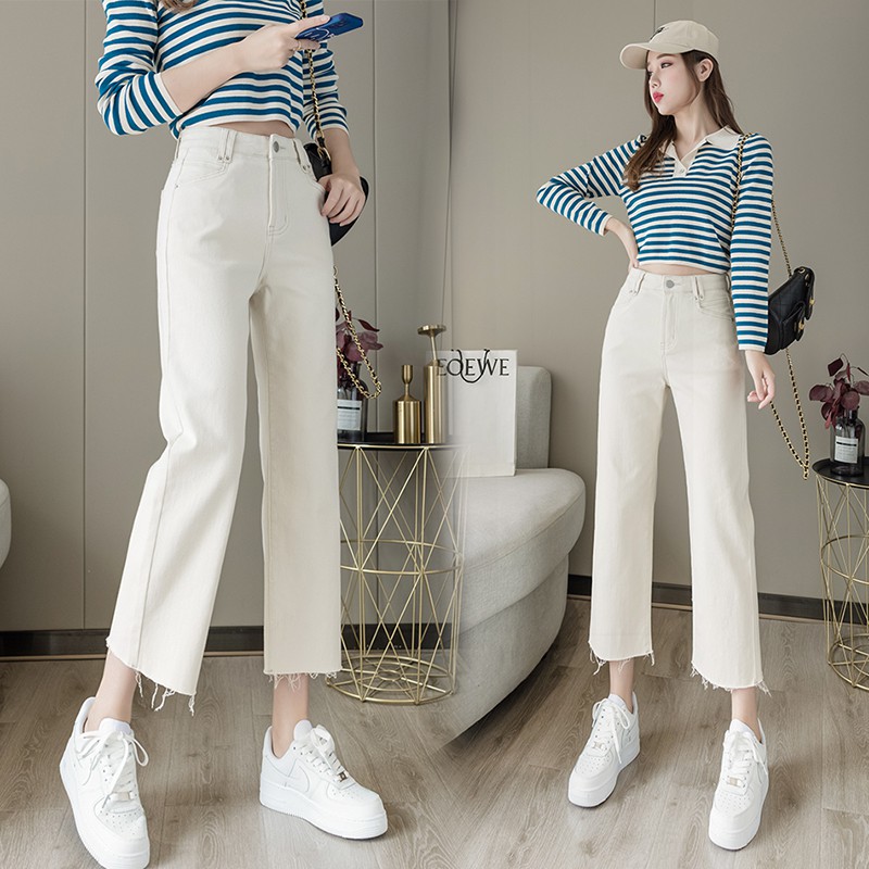 ✨Ready Stock✨Quần jean off-trắng của phụ nữ mùa xuân 2021 mới dài cạp cao mỏng cắt xén thô cạnh thẳng