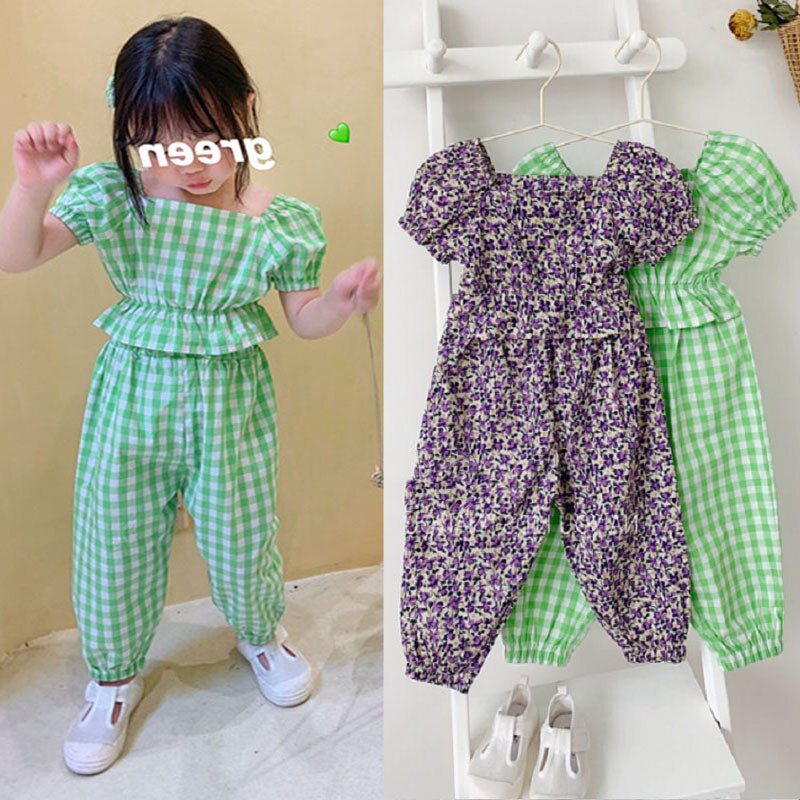 Bộ Áo Thun Cổ Vuông + Quần Dài Sọc Ca Rô Xanh Lá Thời Trang Mùa Hè Xinh Xắn Cho Bé Gái 2-6 Tuổi
