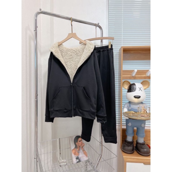 Bộ nỉ umi đen lót lông cừu unisex siêu ấm