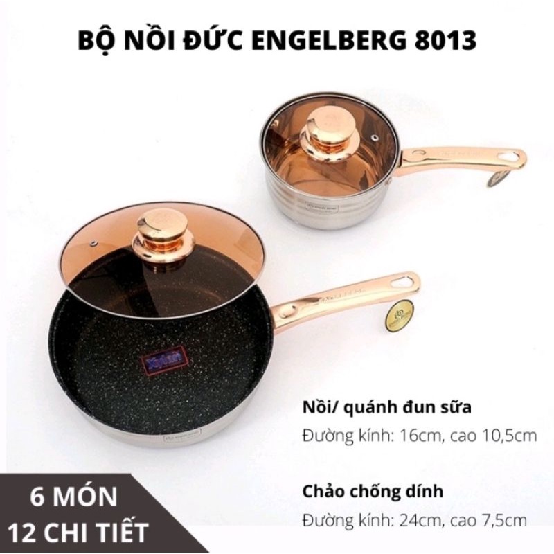 Bộ nồi đức 6 chiếc engelberg vung kính, nồi inox 304 chính hãng công nghệ đức bếp từ, bếp ga, bếp hồng ngoại