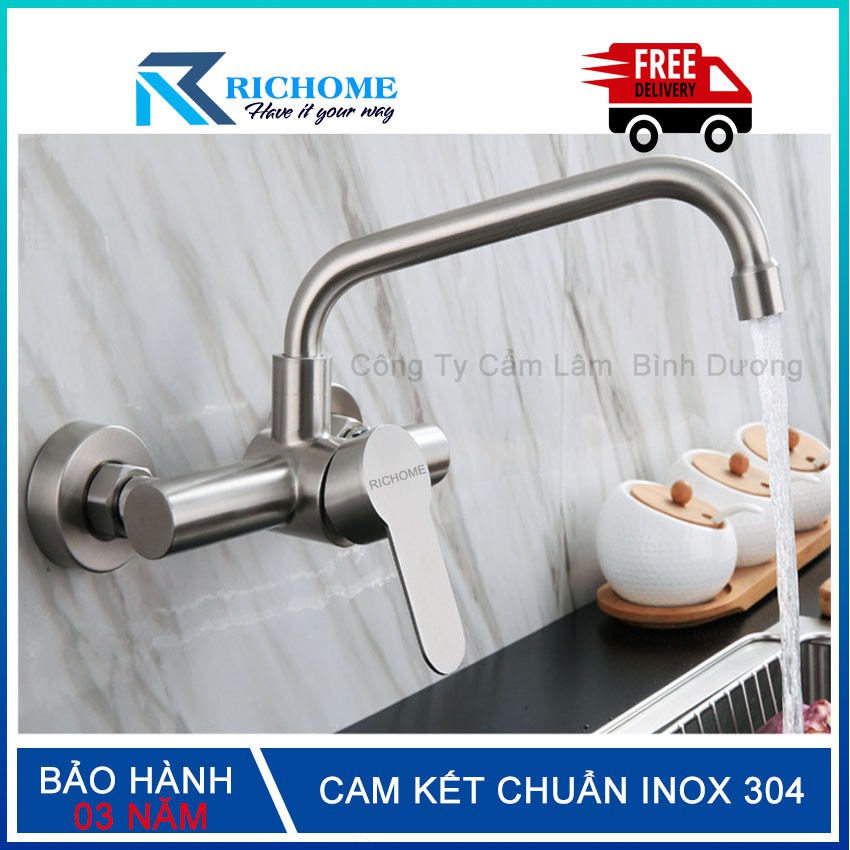 Vòi rửa chén bát nóng lạnh gắn tường chất liệu inox 304 nguyên khối mã-QH-CF038