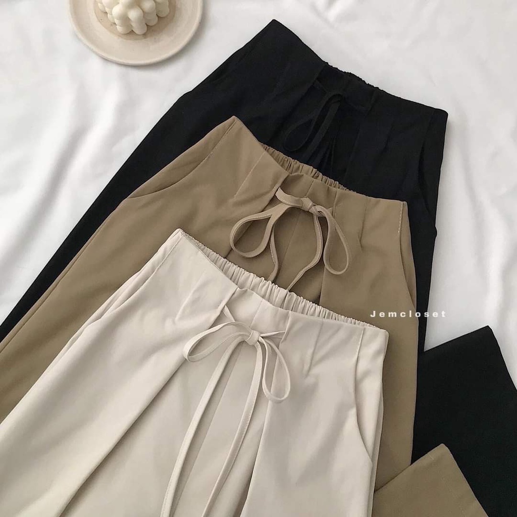 Quần suông trơn lưng cao đính nơ nữ - Culottes dây rút ống rộng vintage, thiết kế đơn giản