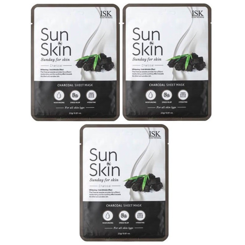 Bộ 3 đắp mặt nạ than hoạt tính dành cho da dầu mụn BEAUSKIN ISK SUNSKIN CHARCOAL SHEET MASK Hàn quốc cao cấp 23g/ gói