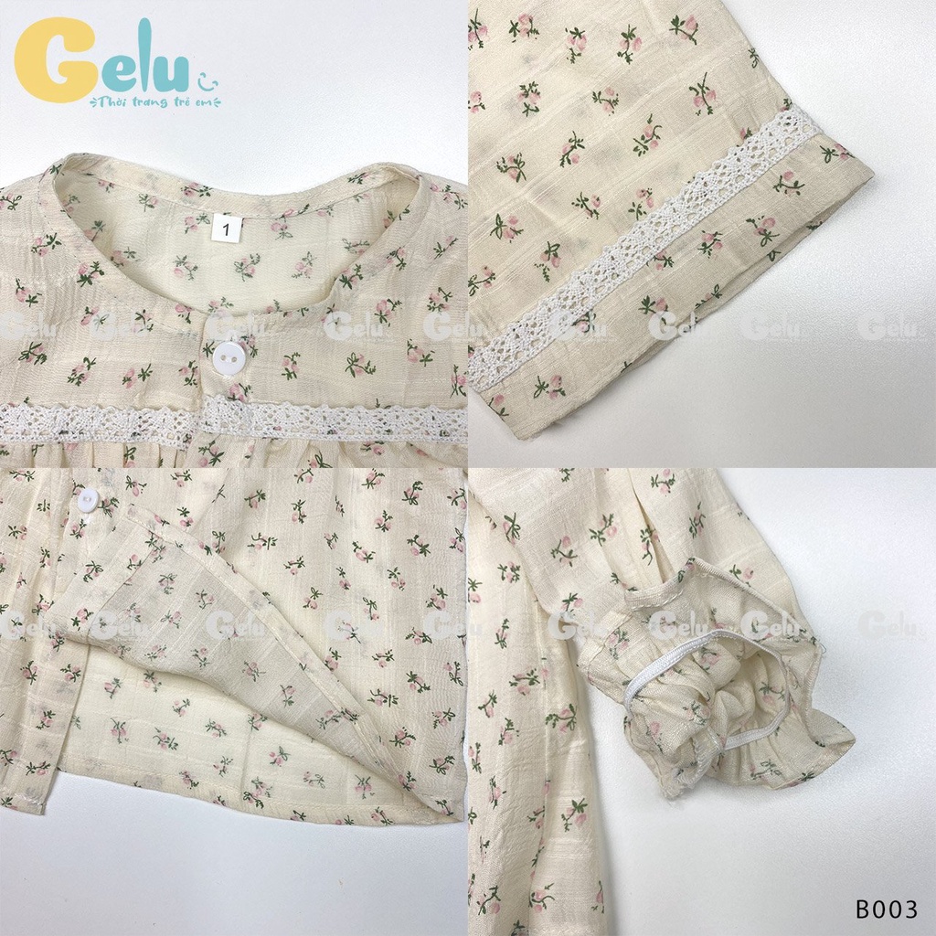 Bộ thu đông cho bé Gelu Kids, đồ ngủ mùa thu hoa nhí chất linen cổ viền ren cho bé gái-GLB003