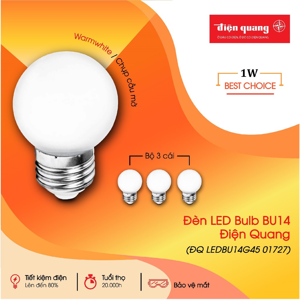 Đèn LED bulb Điện Quang ĐQ LEDBU14G45 01727 (1W warmwhite, chụp mờ)