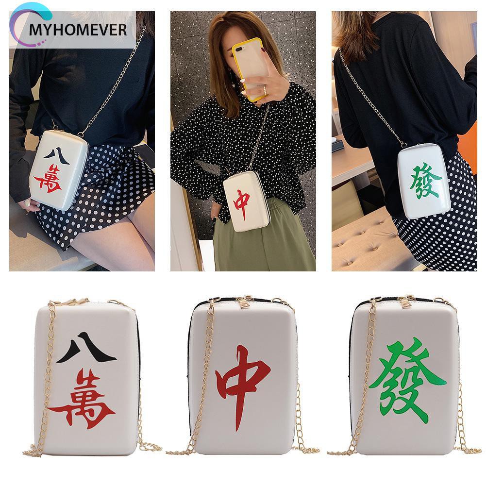 myhomever Creative Mahjong Print Shoulder Packs PU Leather Women Chain Crossbody Bags